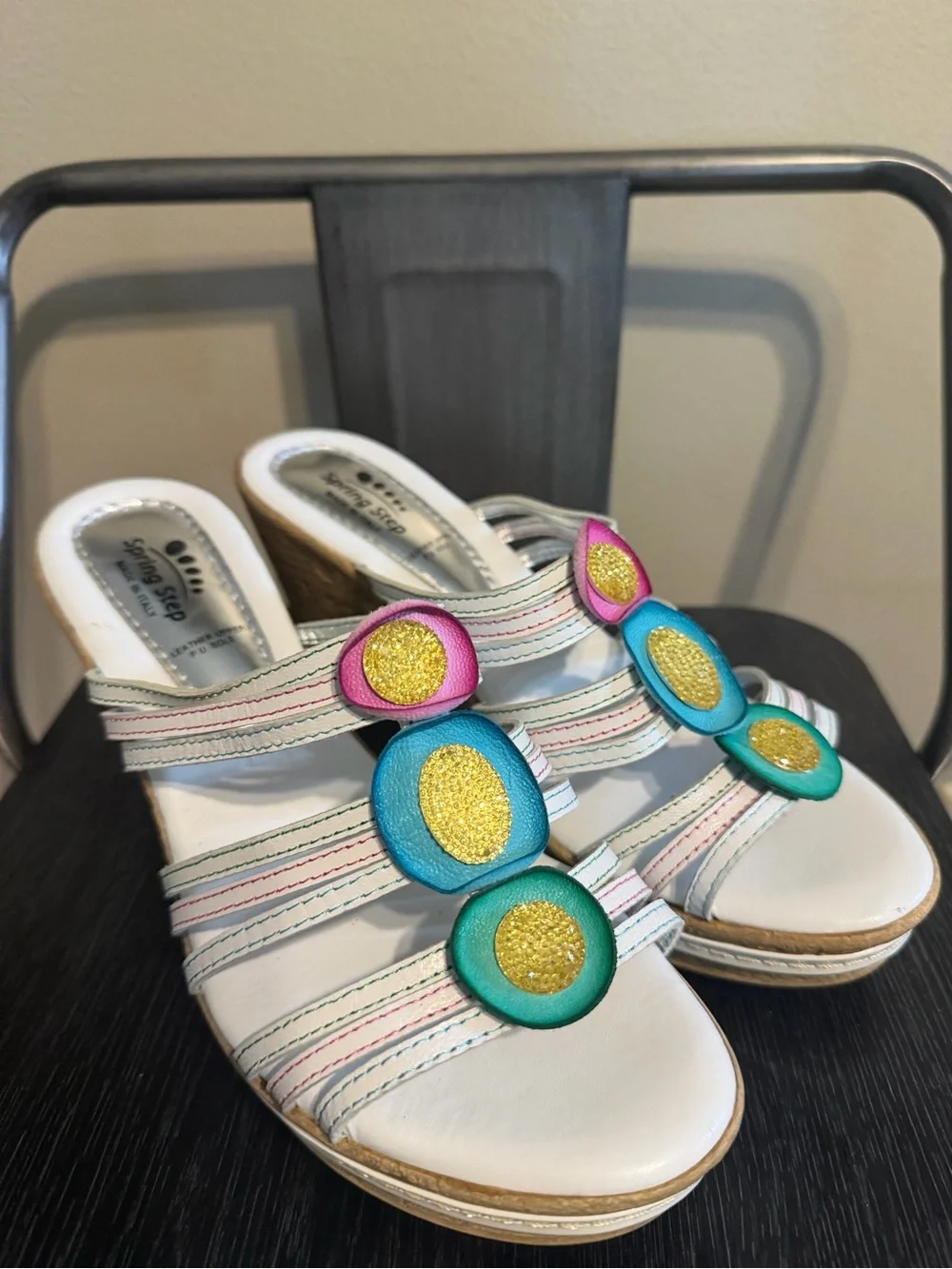 Spring Step Italy Leather Floral Wedge Slide Sandals EU 39. 8.5